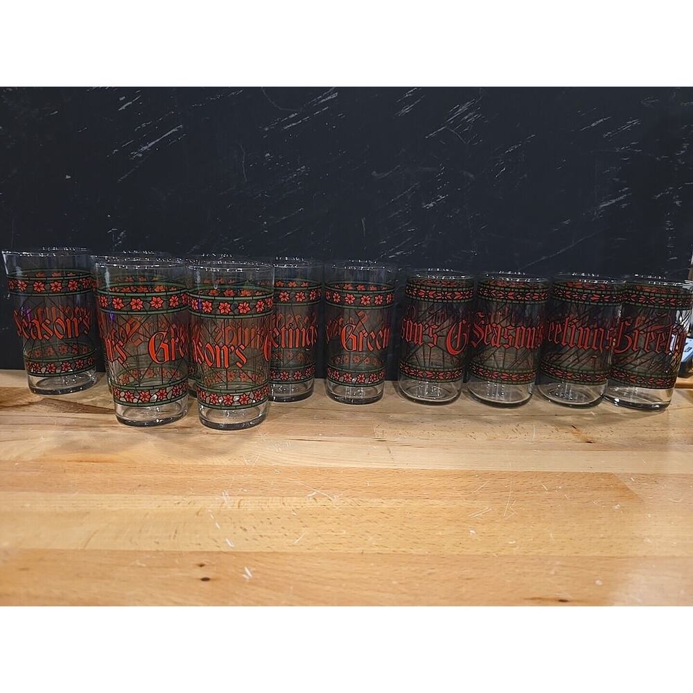 11x Vtg Seasons Greetings Stained Glass Water Christmas Glasses - Jubilee